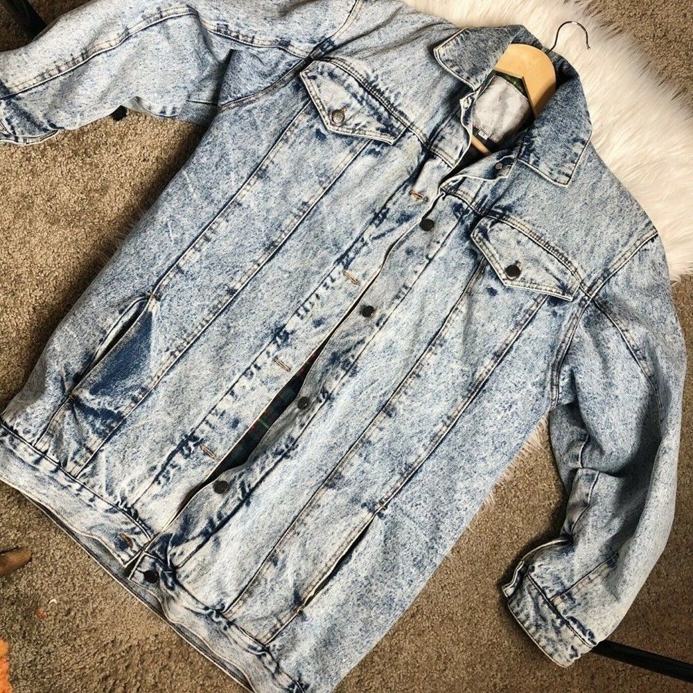 Vintage Acid Wash Denim Jacket Flannel Lined Retro‎ Grunge